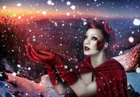 Rebeca Saray - woman, fantasy, bird, red