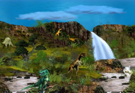 Prehistoric Waterfall 1600x900 - t-rex, waterfalls, dinosaurs, prehistoric