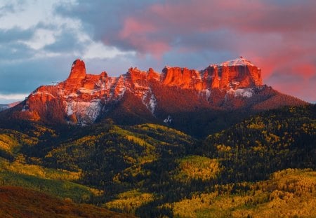 mountains on fire - red, forest, mountains, cliffs, sunset