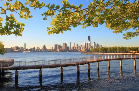 hudson river walkway overlooking nyc - river, city, tree, walkway