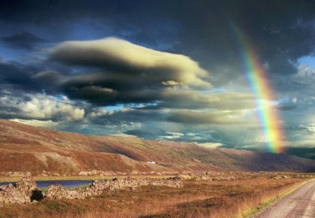 rainbow over the mountain - rainbow, mountain, clouds, river, road