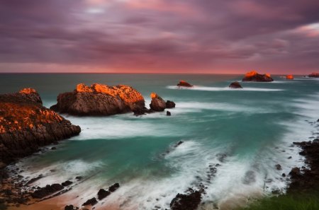 fabulous sunset in cantabria spain - rocks, clouds, coast, sunset, sea