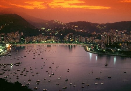 sunset in rio - mountains, city, bay, sunset, boats