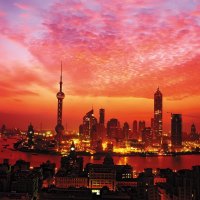 fiery sunset over shanghai