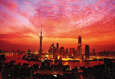 fiery sunset over shanghai - river, sunset, fire, towers, city