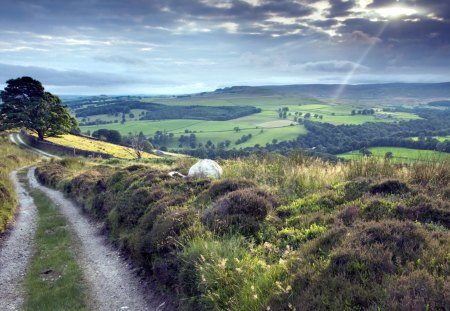 heavenly light in the valley - clouds, sunray, fields, road, valley