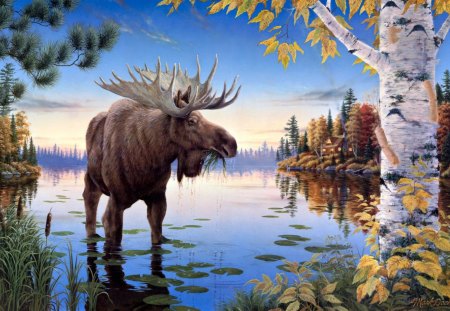 Deer - animal, pond, deer, painting, art