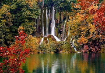 beautiful waterfall - nature, lake, waterfall, fall season