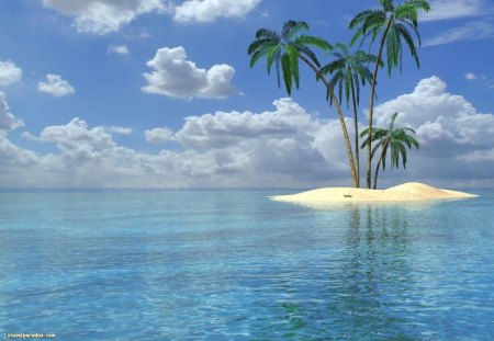 Solitary Island - clouds, water, blue, palm trees, island, ocean, sky