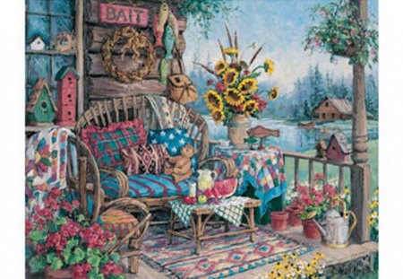 LOVELY PORCH - quilt, sunflowers, porch, cabin