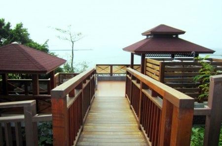 Observation deck - wooden railing, sea, observation deck, tree