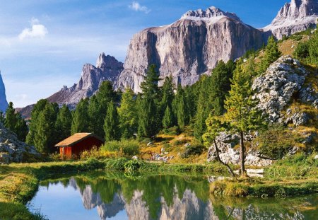 Mountain cottage - lakeshore, nice, cottage, sky, water, reflection, clouds, house, pond, grass, cliffs, bungalow, lake, mountain, summer, shore, lovely, peaks, nature, blue, beautiful, cabin