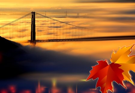 Autumns Bridge - sky, autumn, water, sunset, fall, maple, reflection, clouds, leaves, bridge, lights