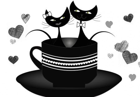 Cuppa Cats - romantic, coffee, valentines day, tea, love, sweet, feline, cute, cats, black and white, hearts, cup, kitty