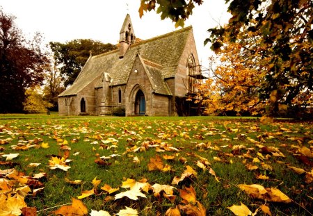 CHURCH in AUTUMN - british isle, scenic, church, architecture, countryside, fallen leaves, autumn, arch, plants, rural scene, seasons, scaffolding, sky, building