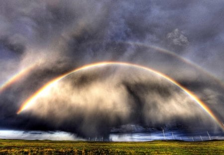 DOUBLE RAINBOWS - clouds, atmospheric power, double rainbow, image, hdr, light effect, low clouds