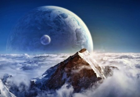 distant world - clouds, moon, planet, snow, mountains, stars