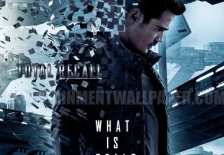 total recall - writing, man, buildings, lights