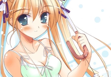 hiiragi anri - game, anime, hiiragi anr, girl, blonde hair, green eyes, short hair, happiness, umbrella