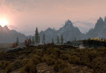 Skyrim: Sunset - nature, landscape, skyrim, scenery, sunset, sunrise