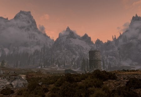 Skyrim: A day ends - sunset, nature, scenery, skyrim, landscape, sunrise