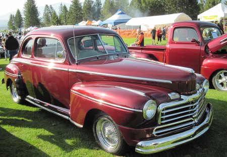 1940 Mercury Monarch automobile - trees, Mercury, burgundy, headlights, Monarch, grass, Photography, car, green