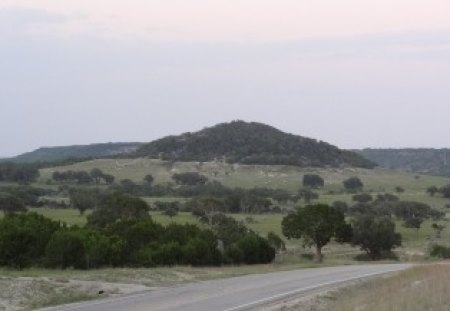 The Road By The Hill - sky, dusk, hill, road, trees