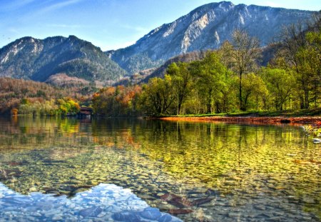 Peaceful Place - beauty, autumn, sky, trees, cottagle, peaceful, water, mountains, autumn leaves, view, reflection, clouds, lake house, house, tree, grass, houses, lake, landscape, autumn splendor, lovely, nature, autumn colors, woods, forest, beautiful, leaves, splendor