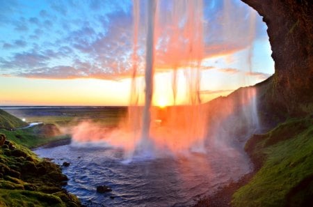 Simply Beautiful - waterfalls, amazing, evening, splendor, landscape, grass, view, rivermwater, sky, sun, clouds, sunlight, water, beautiful, beauty, lovely, nature, waterfall, sunset, green, peaceful