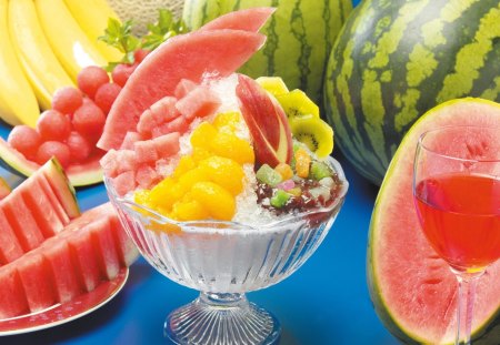 Ice cold fruits - berry, glass, watermelon, desserts, sweet, fruits, food, ice, cold