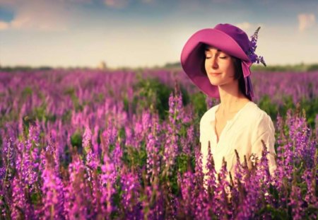 LADY PURPLE - purple, flowers, lady, hat