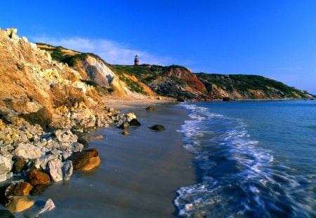 COASTLINE & LIGHTHOUSE - gay head, coastline, rocky beach, landforms, coast, lighthouse, tower, beach, landscape, scenic, atlantic ocean, dukes county, marine scene