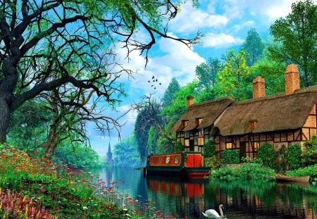 Countryside serenity - swan, nice, cottage, sky, trees, riverbank, pretty, reflection, river, clouds, house, dusk, summer, shore, lovely, serenity, tranquility, nature, beautiful, flowers, cabin