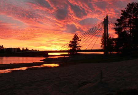 Sunset in Clouds - sky, clouds, river, powerlines, sunset