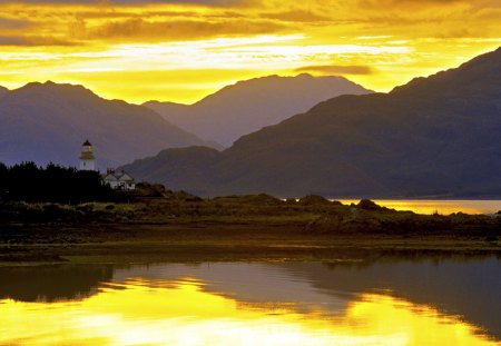 SUNRISE - dawn, sunrise, mountains, lighthouse