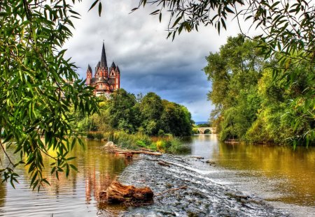 River castle - nice, trees, riverbank, stream, water, mirrored, lovely, creek, bright, nature, crystal, reflection, castle, beautiful, river, bridge