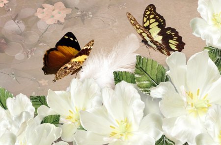 Lovely White Flowers - pretty, summer, butterflies, beautiful, spring, lovely, fleurs, flowers, white, soft, rose