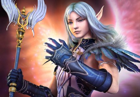 Elf warrior - woman, beauty, elf, girl, warrior, magic, wings, fantasy, game, aion, pink