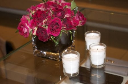 Home styleâ™¥ - style, roses, candles, bouquet, hot pink, living room, centerpiece, white, three, crystal, precious, beautiful, table