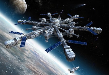 orbiting space station - moon, planet, ship, comet, space station, stars