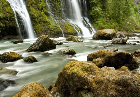 wonderful falls into a stream - spray, falls, cliff, stream, rocks