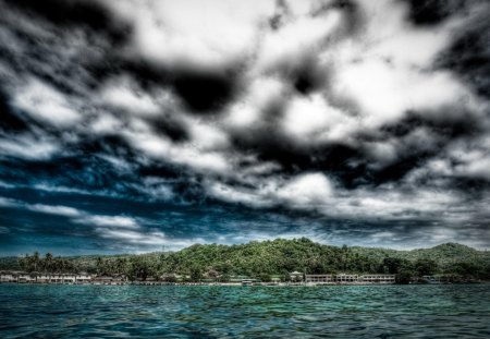 wondrous tropical resort hdr - clouds, island, bungalows, hdr, sea, resort