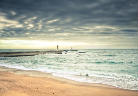 beautiful beach scape - beach, lighthouse, clouds, breaker, waves