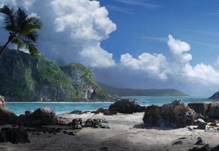 incredible tropical cove - beach, cove, clouds, palms, cliffs, rocks