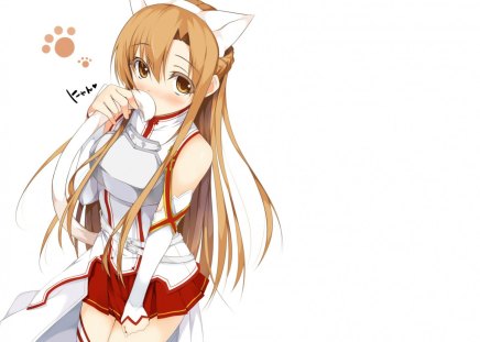 Kitty Asuna - female, long hair, armor, sword art online, anime girl, hot, sword, thighhighs, yuuki asuna, brown hair, cool, love, novel, manga, cute, sexy, animals, kitty