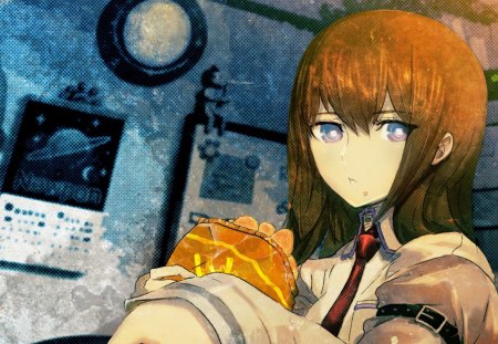 Want some? - dreams, makise kurisu, heart, ps, anime girl, steins gate, brown, xbox 360, chips, anime, food, cute, love, sexy, console, girl, school, long hair, eat, novel, video games, memories