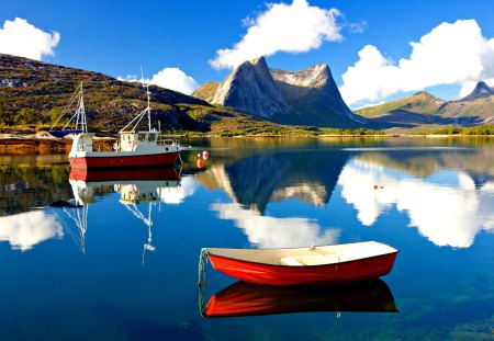 Reflection - beauty, sky, peaceful, water, mountains, view, reflection, clouds, boat, hill, lake, landscape, boats, hills, lovely, red boat, nature, red, beautiful, splendor