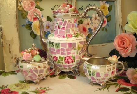 Pastel tea setâ™¥ - tea set, morning, roses, fashion, sweet pink, entertainment, silver, precious, yellow, pastel, afternoon