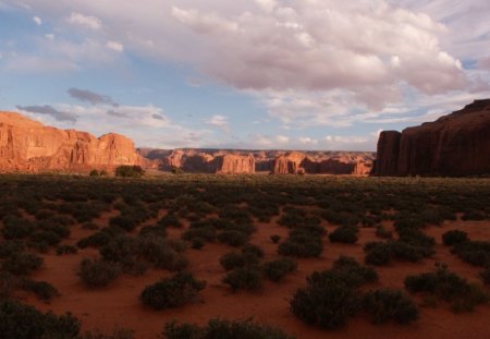 Desert Landscape - sky, clouds, desert, patches, grass, rocks