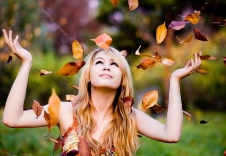 HAPPY FALL - fall, lady, leaves, autumn